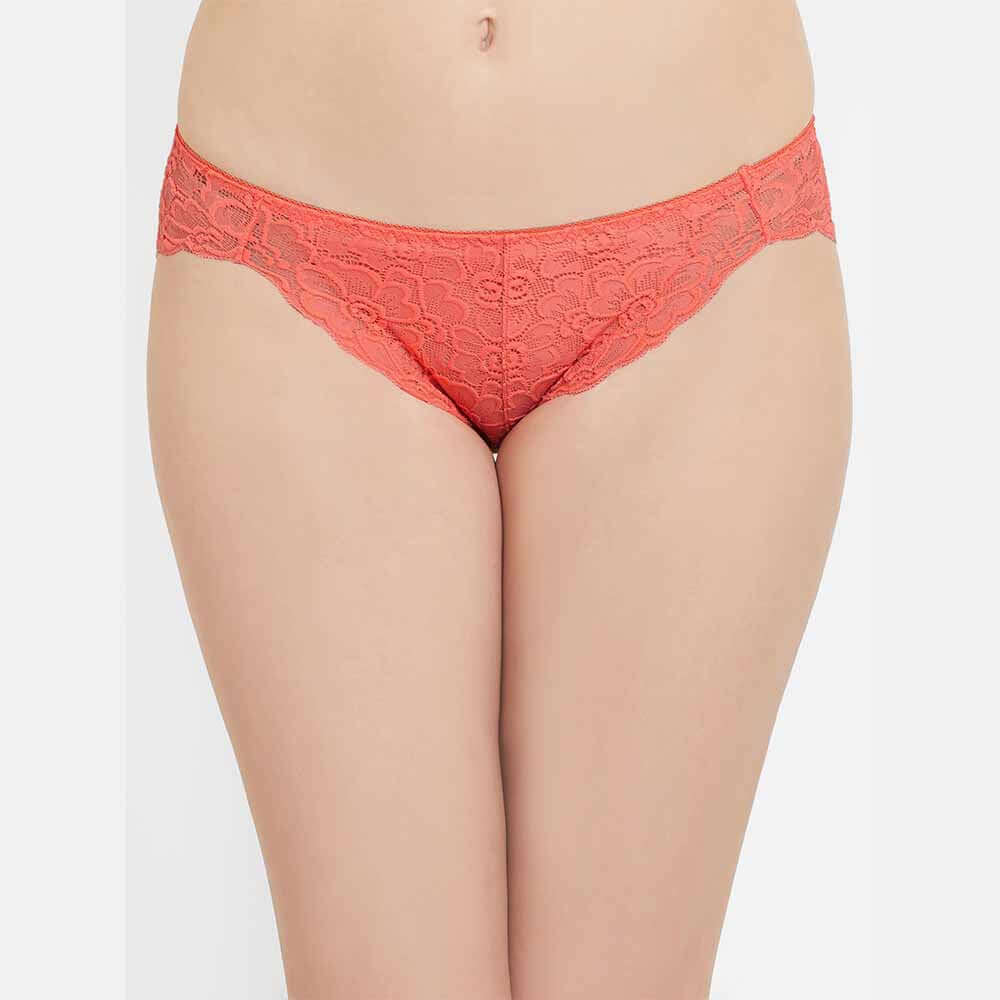 Plush Desire Low Waist Medium Coverage Bridal Wear Lace Bikini Panty - Coral