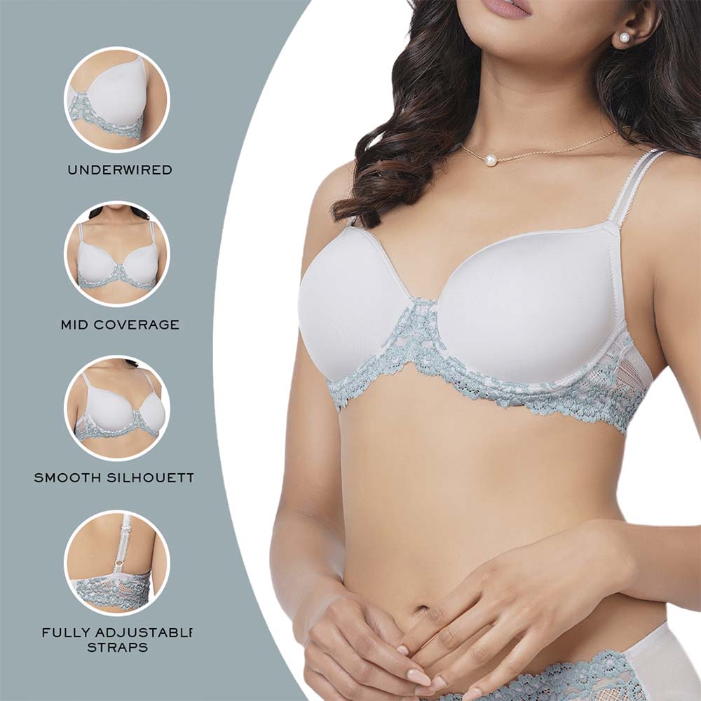Embrace Lace Contour Padded Wired 3/4th Cup Everyday Wear Medium coverage T-Shirt Bra - Light Blue