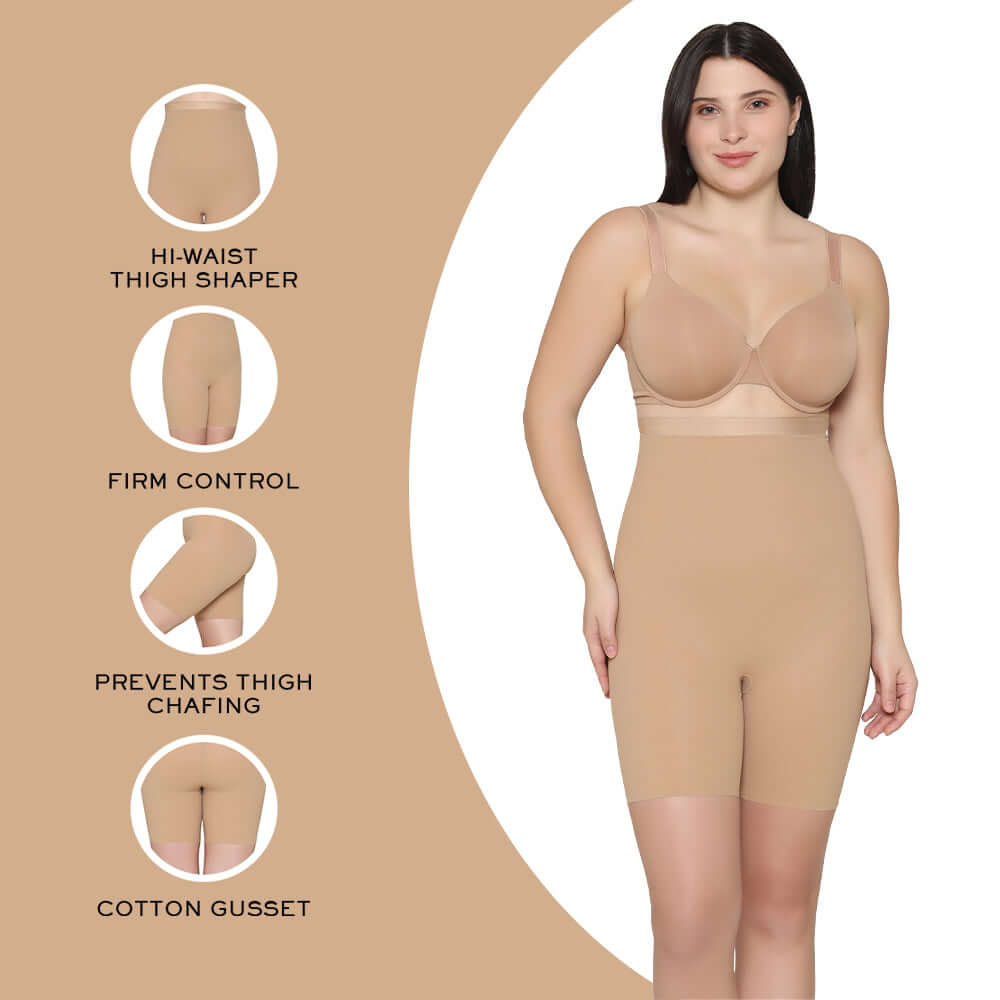 Shape Revelation High Waist Full Coverage Firm Control Seamless Thigh Shaper - Beige