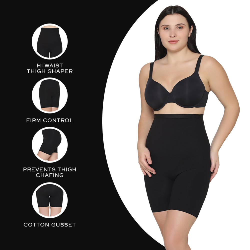 Shape Revelation High Waist Full Coverage Firm Control Seamless Thigh Shaper - Black