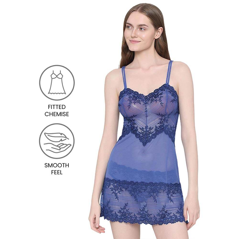 Embrace Lace Non Padded Non Wired Bridal Wear Short Lace Babydoll Chemise - Blue