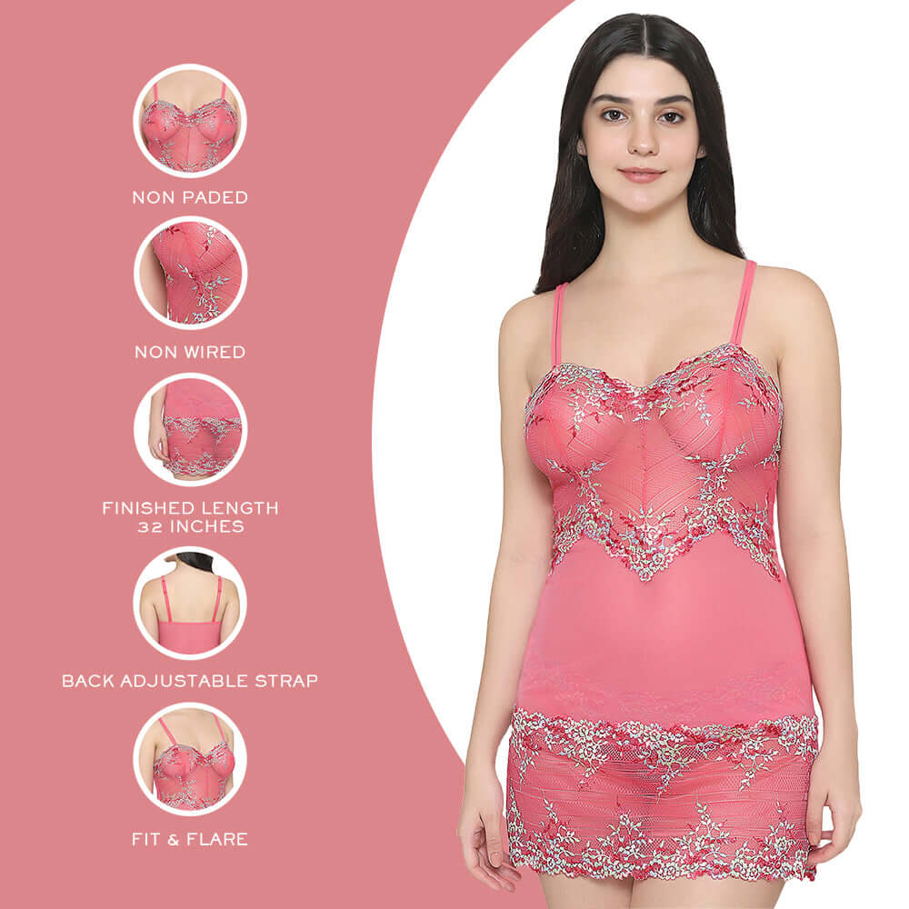 Embrace Lace Non Padded Non Wired Bridal Wear Short Lace Babydoll Chemise - Pink