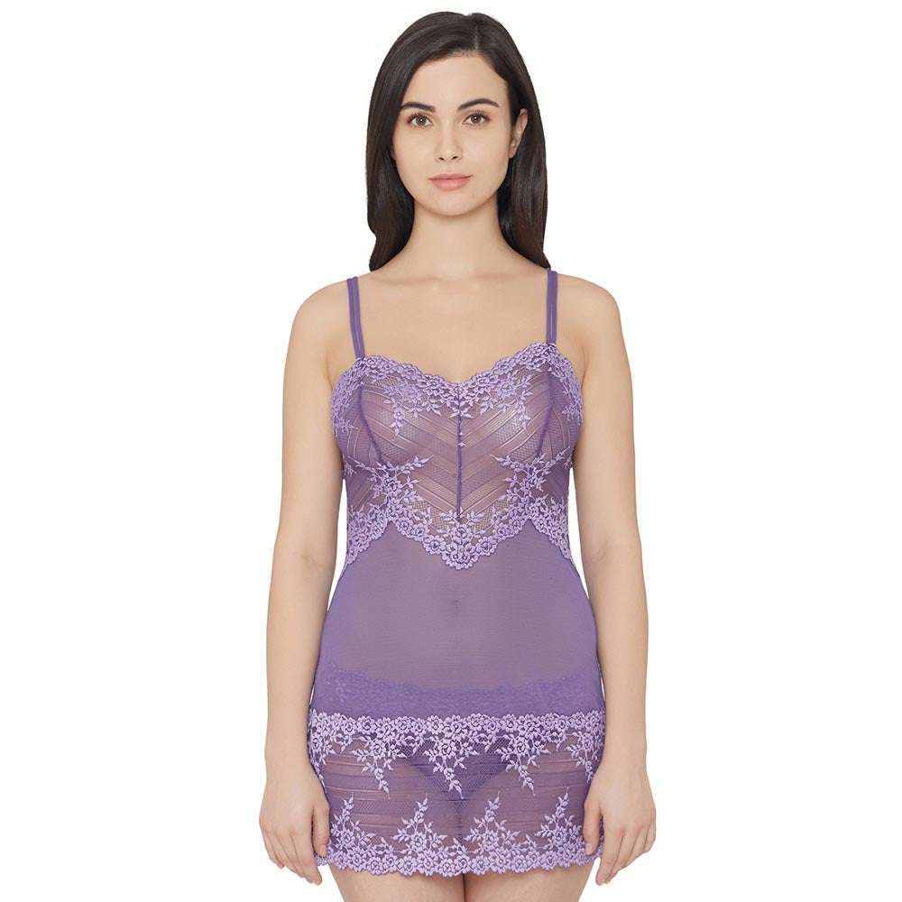 Embrace Lace  Non Padded  Non Wired Bridal Wear Short Lace Babydoll Chemise - Purple
