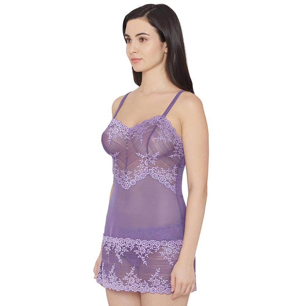 Embrace Lace  Non Padded  Non Wired Bridal Wear Short Lace Babydoll Chemise - Purple