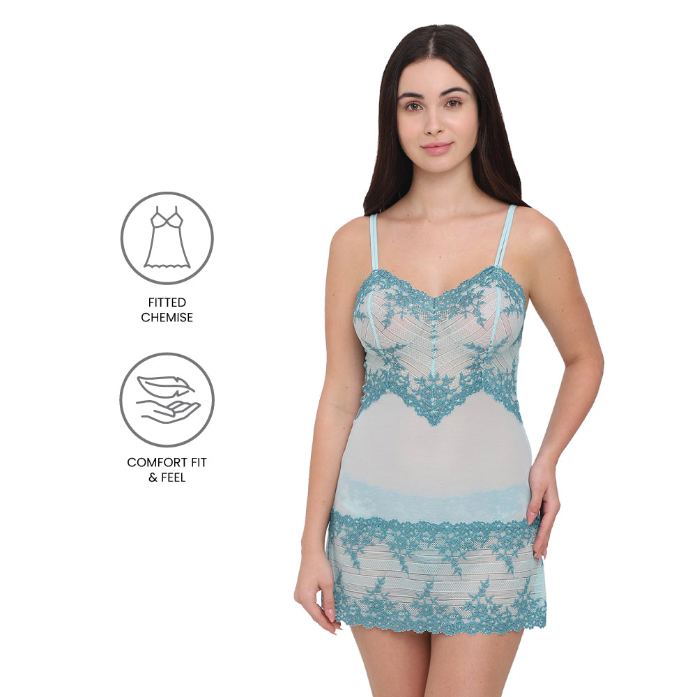 Embrace Lace  Non Padded  Non Wired Bridal Wear Short Lace Babydoll Chemise - Aqua