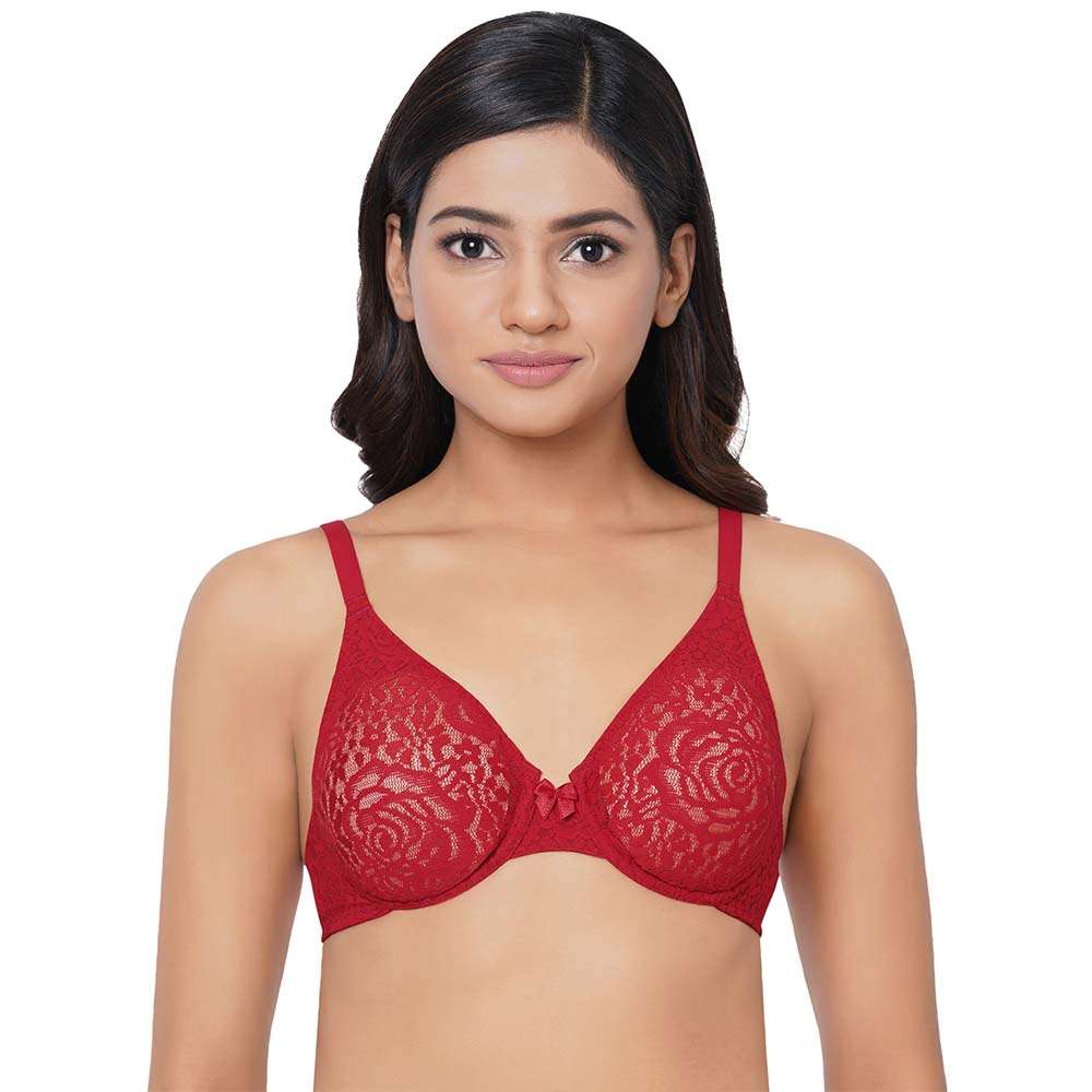 Halo Lace Non-Padded Wired 3/4Th Cup Lace Comfort Bra - Red