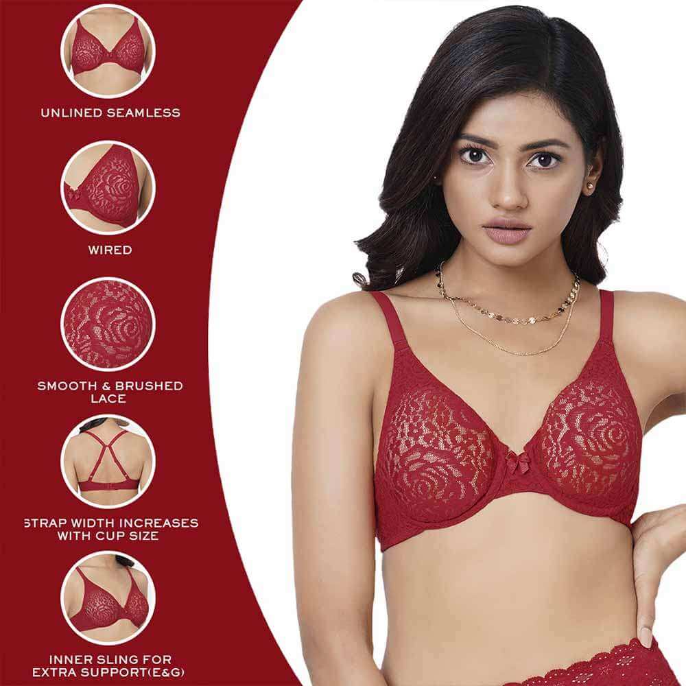 Halo Lace Non Padded Wired Full Cup Bridal Wear Plus Size Lace Bra - Red