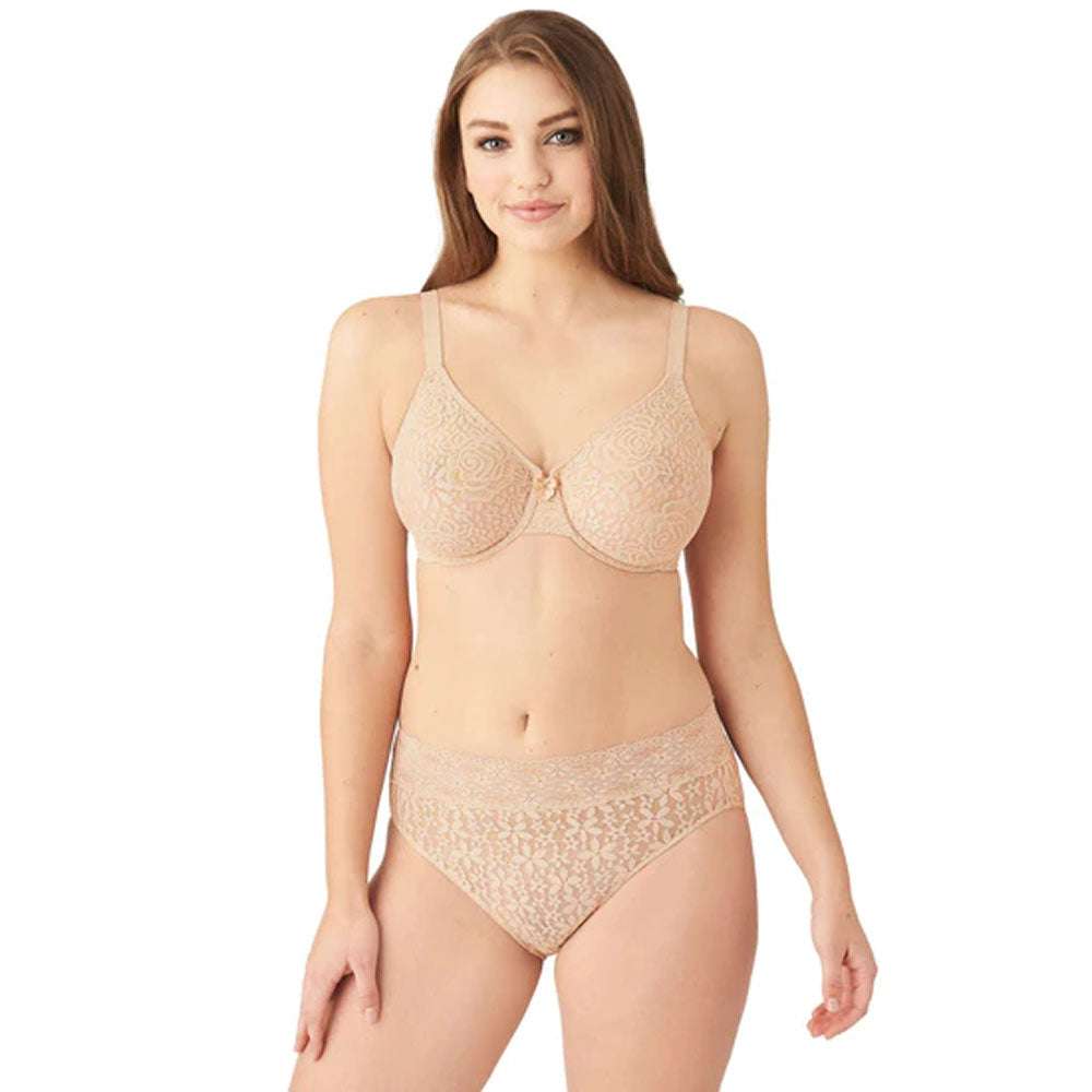 Halo Lace Non-Padded Wired Full Cup Lace Everyday Comfort  Bra - Beige