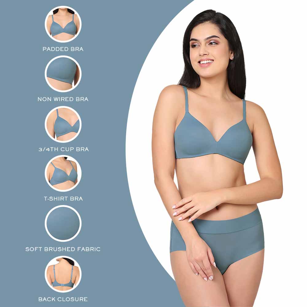 How Perfect Padded Non-wired 3/4th Cup Medium Coverage Seamless T-Shirt Bra - Blue