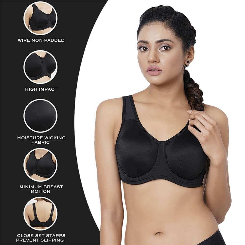 Sport Non Padded Wired Full Coverage Full Support High Intensity Sports Bra - Black
