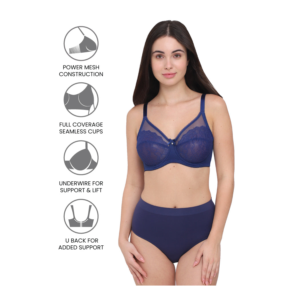 Retro Chic Non Padded Wired Full Coverage Full Support Everyday Comfort  Bra - Blue