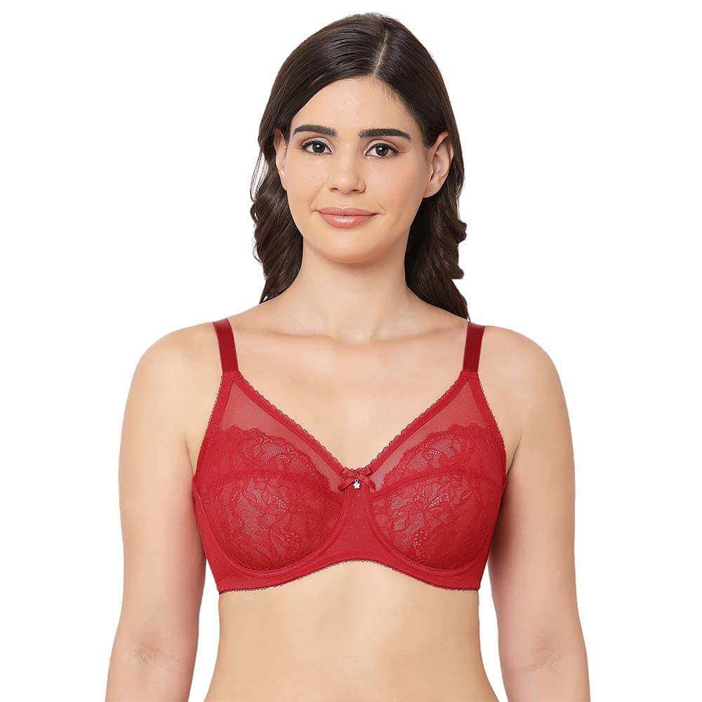 Retro Chic Non Padded Wired Full Coverage Full Support Everyday Comfort Bra - Red