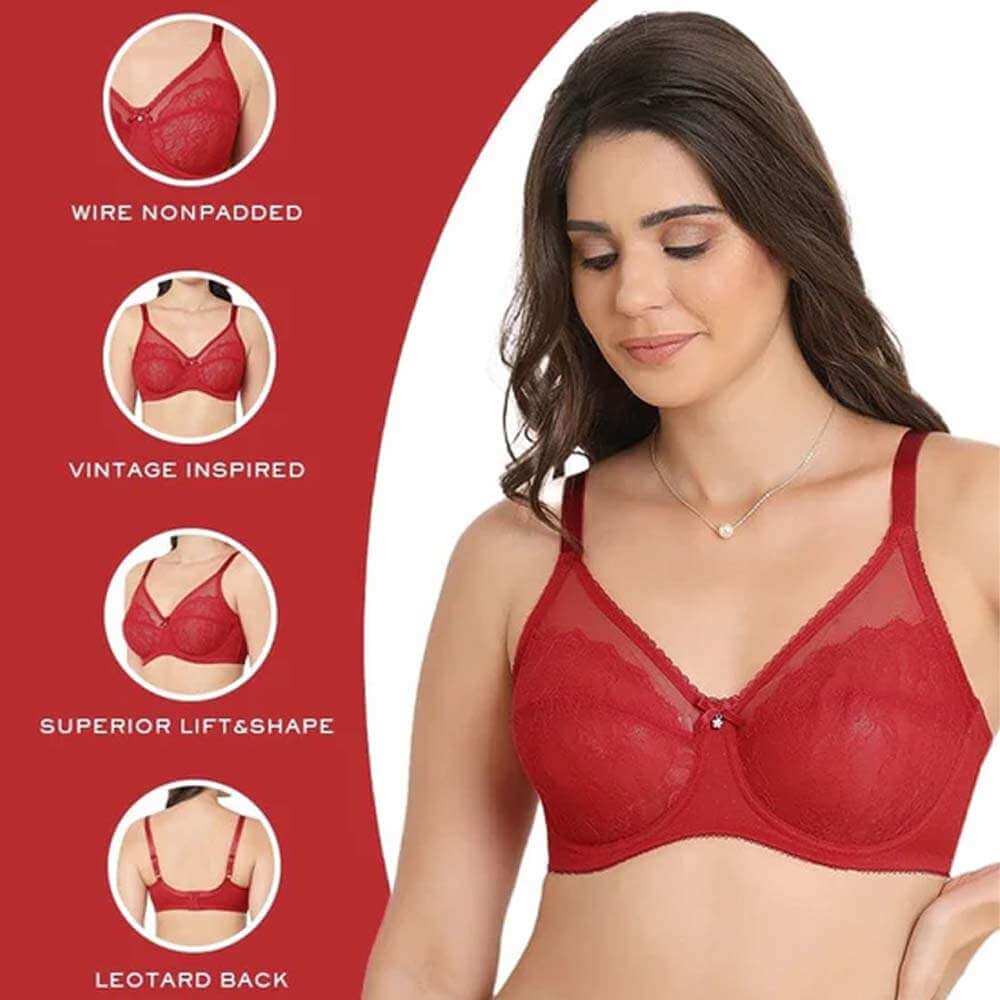 Retro Chic Non Padded Wired Full Coverage Full Support Everyday Comfort Bra - Red