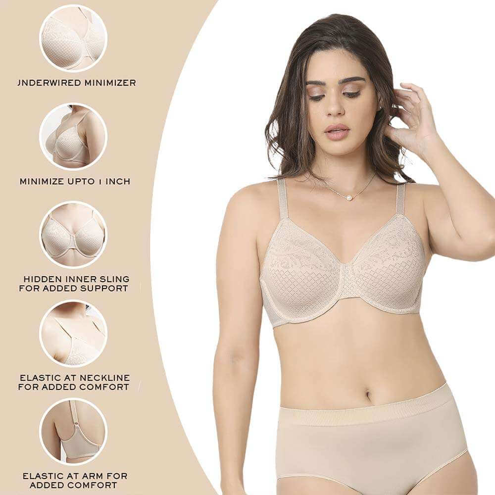 Visual Effects Non Padded Wired Full Cup Everyday Wear Plus Size Full Support Minimizer Bra - Beige