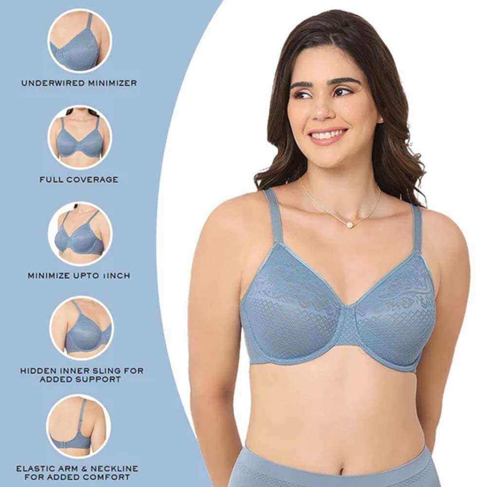 Visual Effects Non Padded Wired Full Cup Everyday Wear Plus Size Full Support Minimizer Bra - Blue