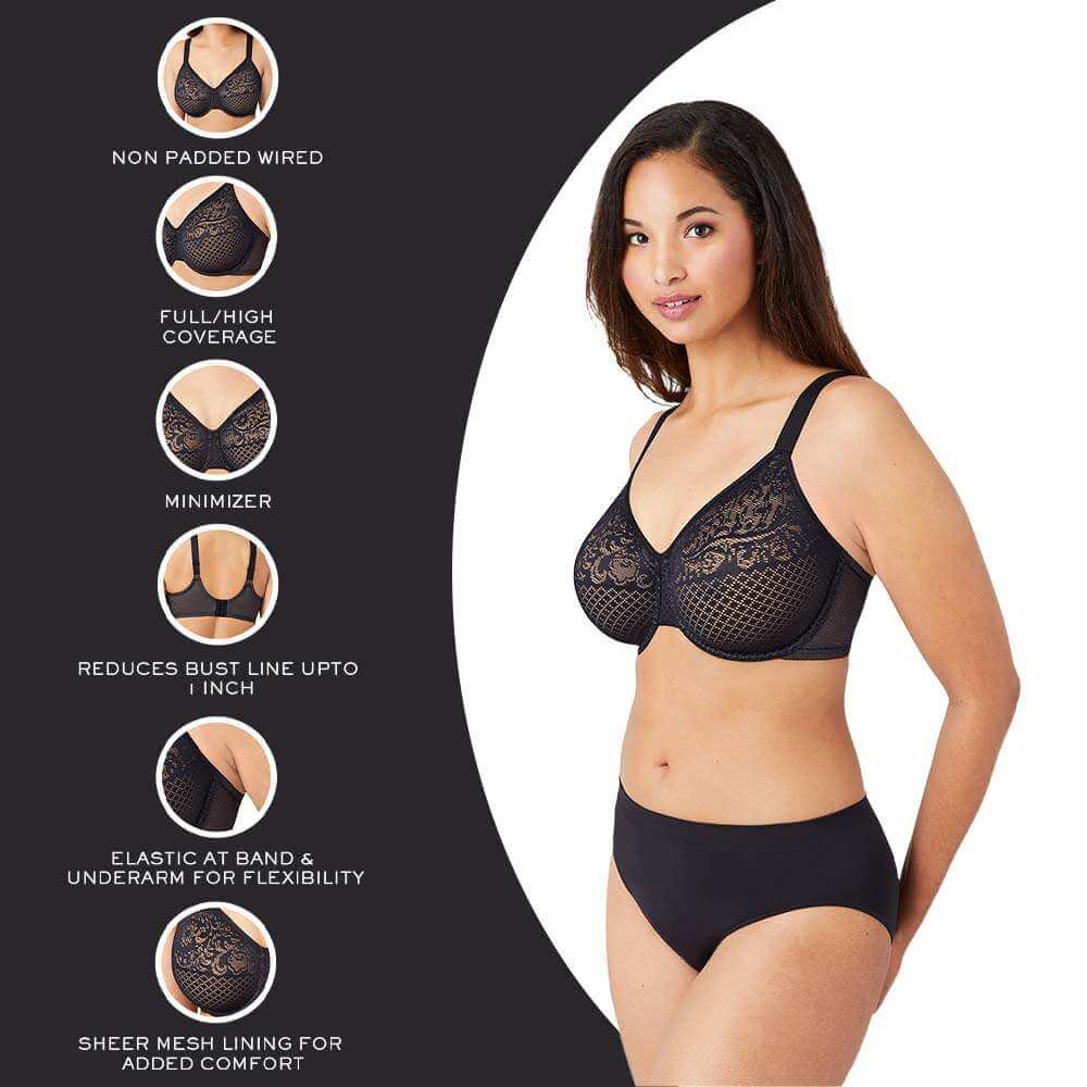 Visual Effects Non Padded Wired Full Cup Everyday Wear Plus Size Full Support Minimizer Bra - Black