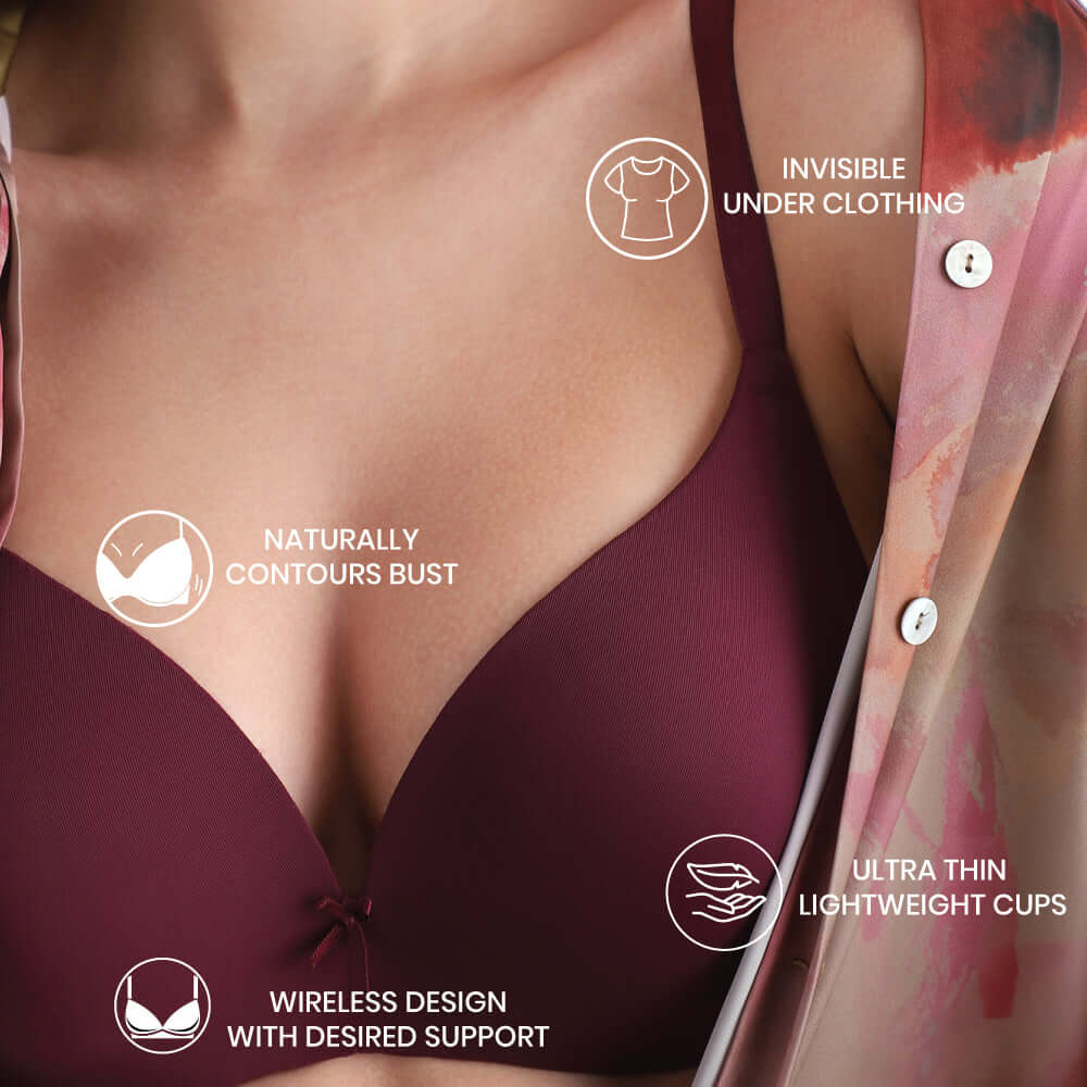 BASICS Zoe Padded Non-wired 3/4th Cup Everyday Wear Comfort Fit T-shirt Bra - Wine