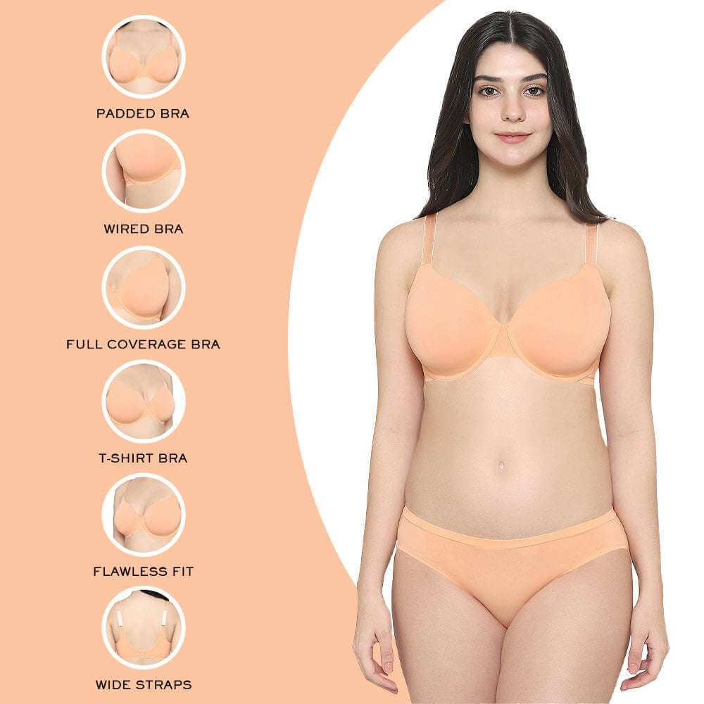 Everyday Elegance Padded Wired Full Cup Everyday Wear Smooth Finish T-Shirt Bra - Peach