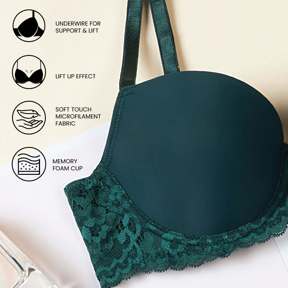 Balcony & Beyond Padded Wired Half Cup Everyday Wear Smooth Finish Fashion Bra - Dark Green