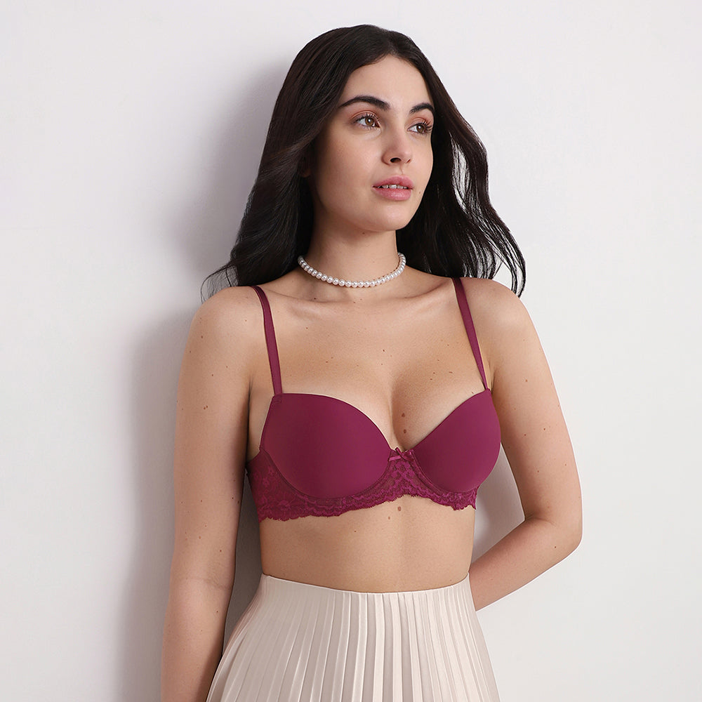 Balcony & Beyond Padded Wired Half Cup Everyday Wear Smooth Finish Fashion Bra -Wine
