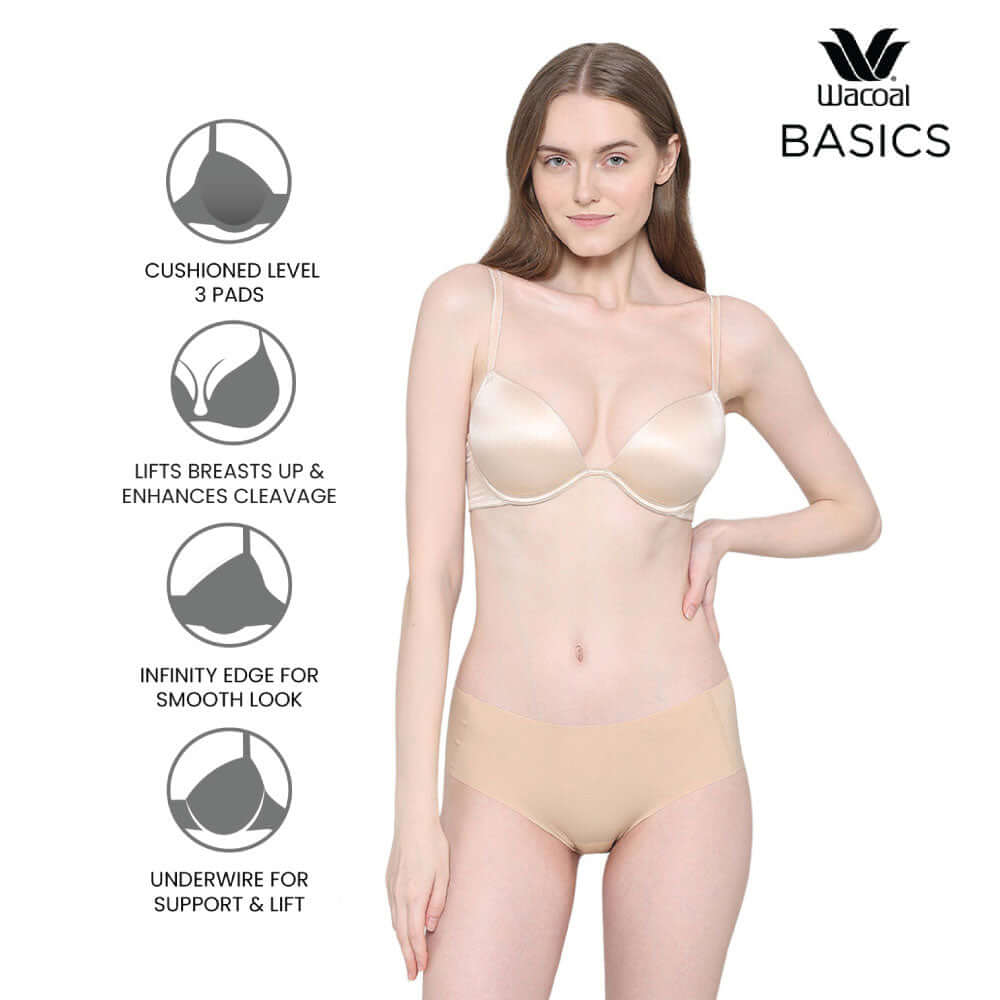 Playful Love Padded Wired Demi Cup Plunge Neck Party Wear Level 3 Push-up Bra - Beige