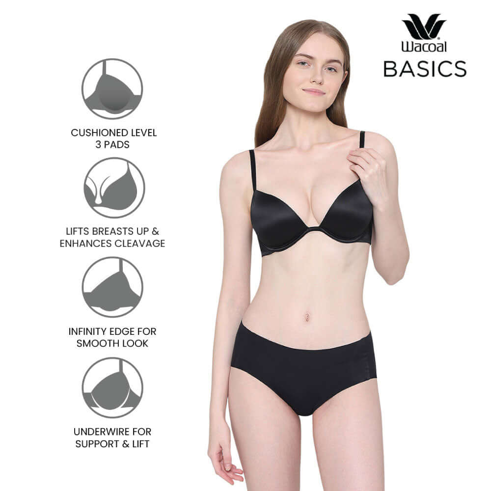 Playful Love Padded Wired Demi Cup Plunge Neck Party Wear Level 3 Push-up Bra - Black