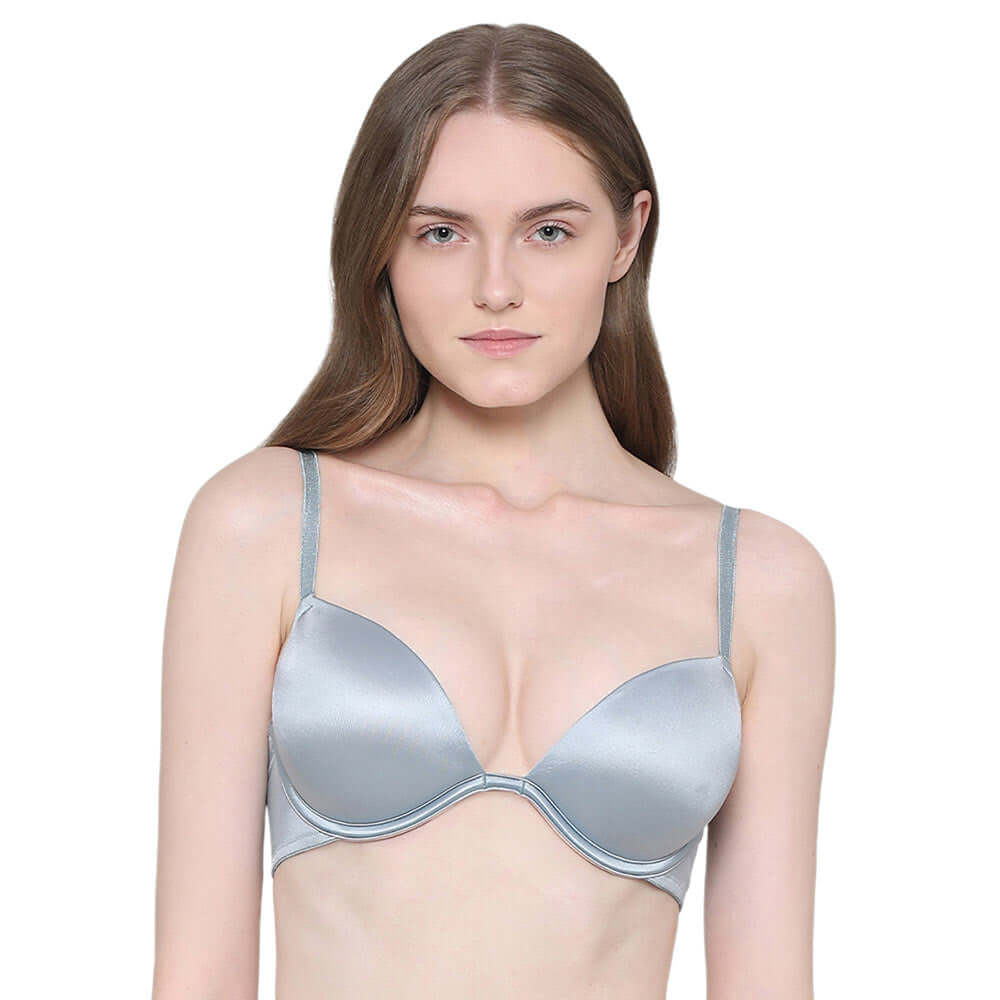 Playful Love Padded Wired Demi Cup Plunge Neck Party Wear Level 3 Push-up Bra - Blue