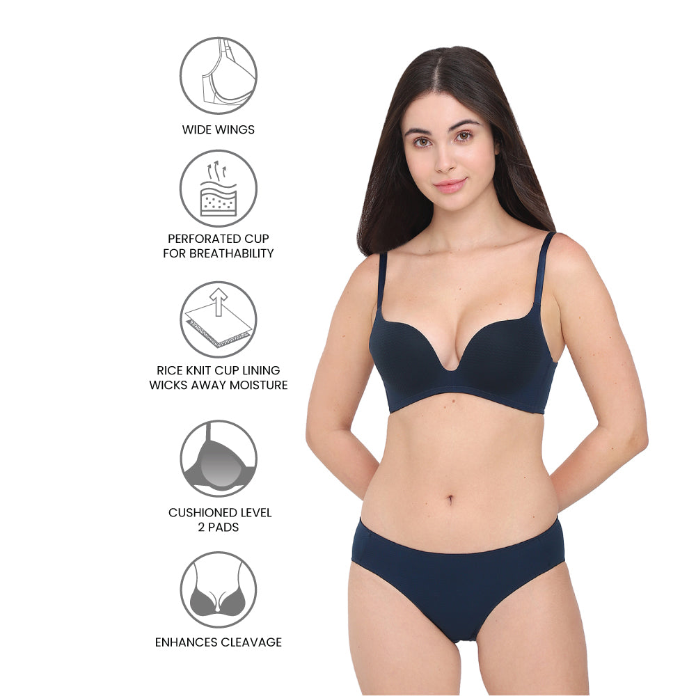 Women’s Dreamy Curve Padded Non-wired 3/4th Cup Everyday Wear Push-up Bra-Dark Blue