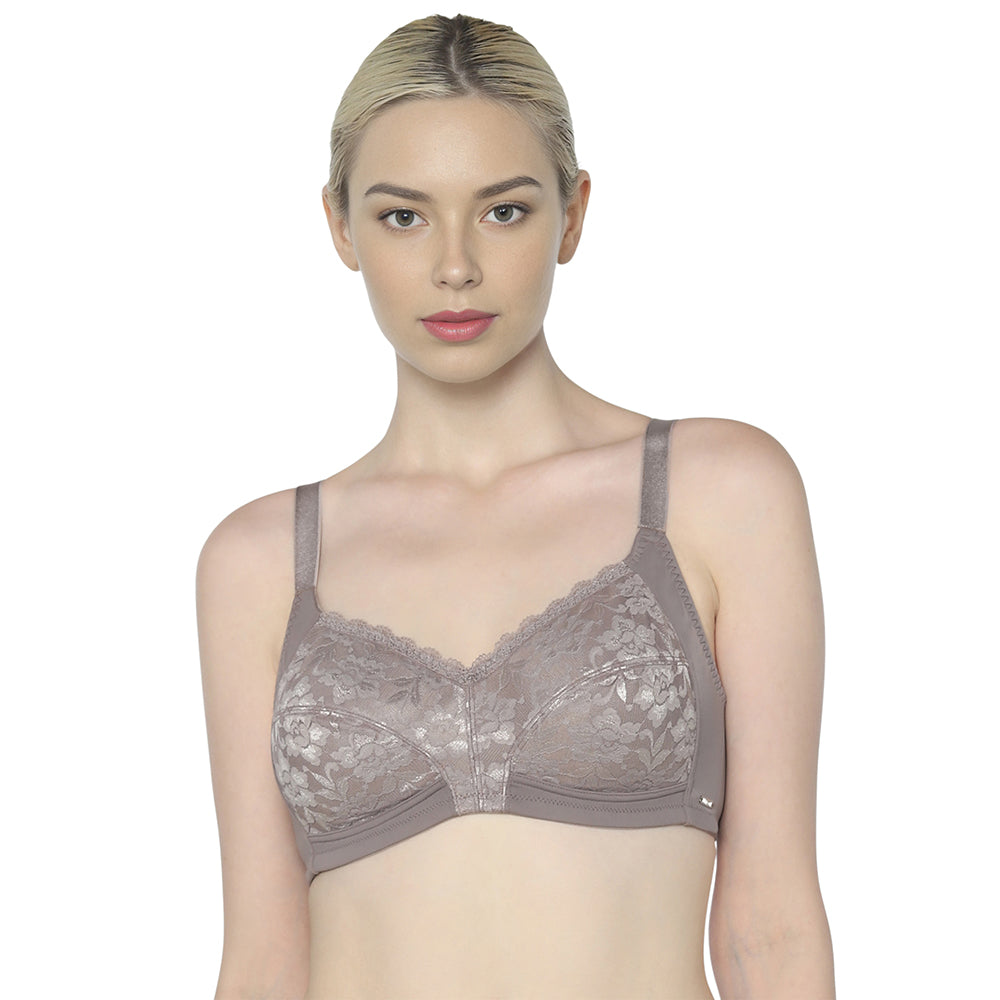 BASICS Grace Non Padded Non-Wired Full Cup Soft Lace Plus Size Full Support Bra-Grey