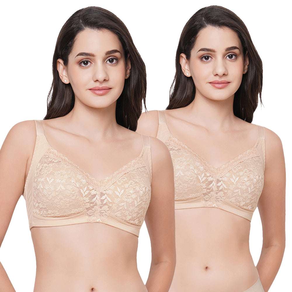 Grace Non Padded Non-Wired Full Cup Soft Lace Plus Size Pack of 2 Full  Support Bra
