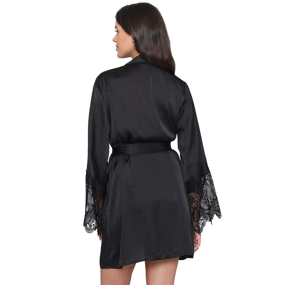 Lacy Sleeves Knee Length Shiny Finish Wrap-Over Bridal Wear Satin Robe - Black