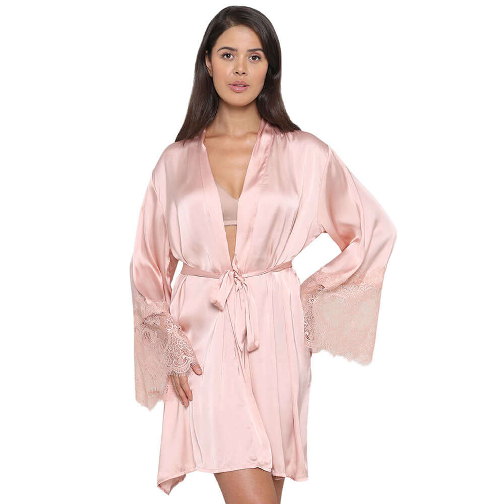 Lacy Sleeves Knee Length Shiny Finish Wrap-Over Bridal Wear Satin Robe - Peach