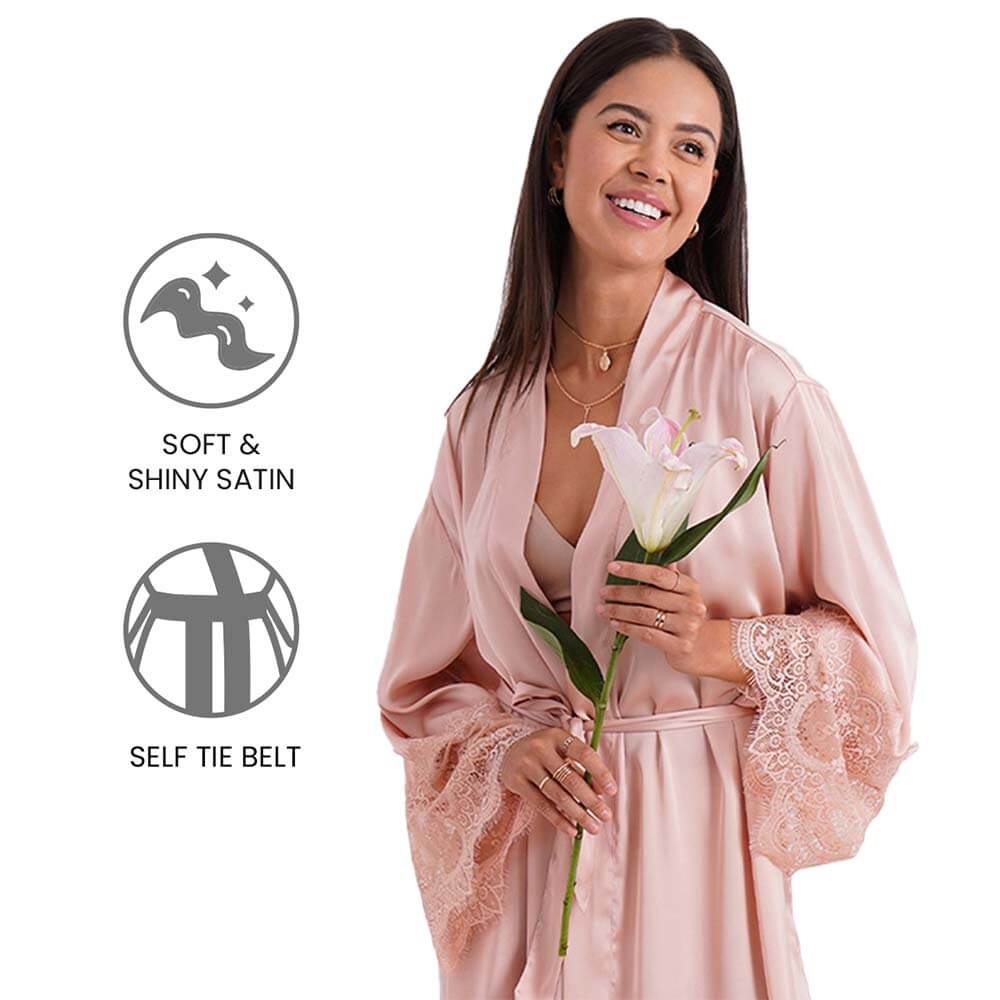 Lacy Sleeves Knee Length Shiny Finish Wrap-Over Bridal Wear Satin Robe - Peach