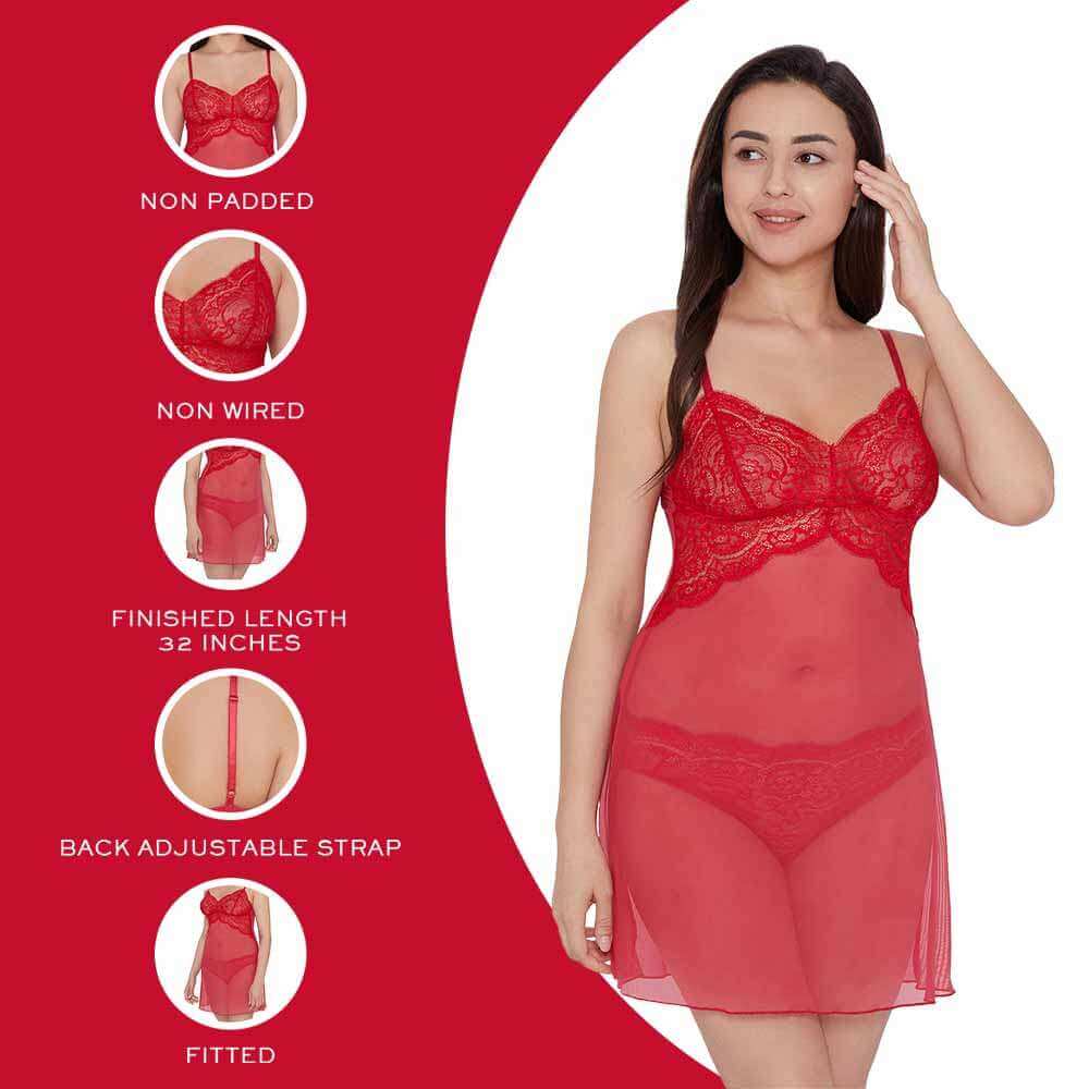 Essential Lace Non Padded Non Wired Bridal Wear Lace Babydoll Chemise - Red