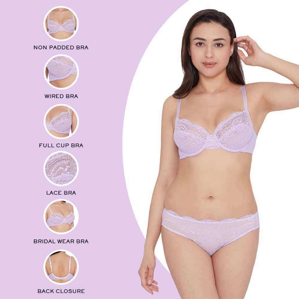 Essential Lace Non Padded Wired Full Cup Bridal Wear Lace Bra Full Support Bra - Lavender