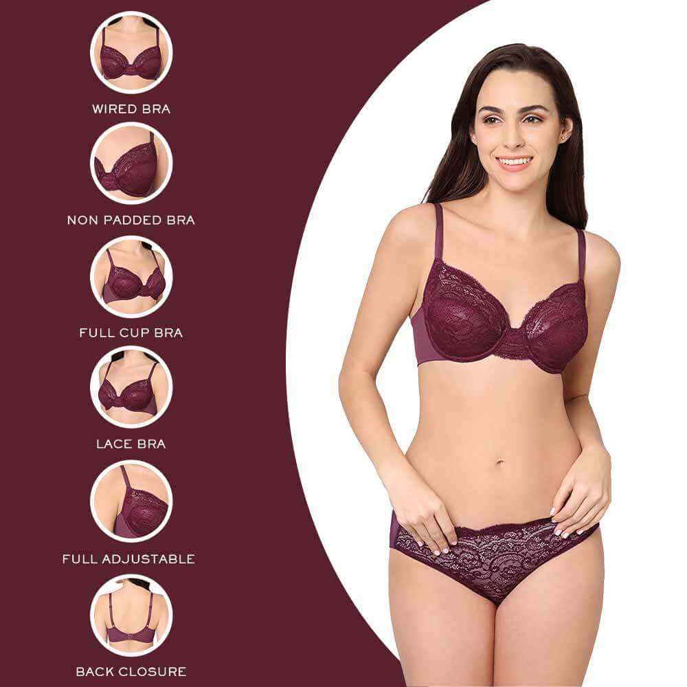 Essential Lace Non Padded Wired Full Cup Bridal Wear Lace Bra Full Support Bra - Wine
