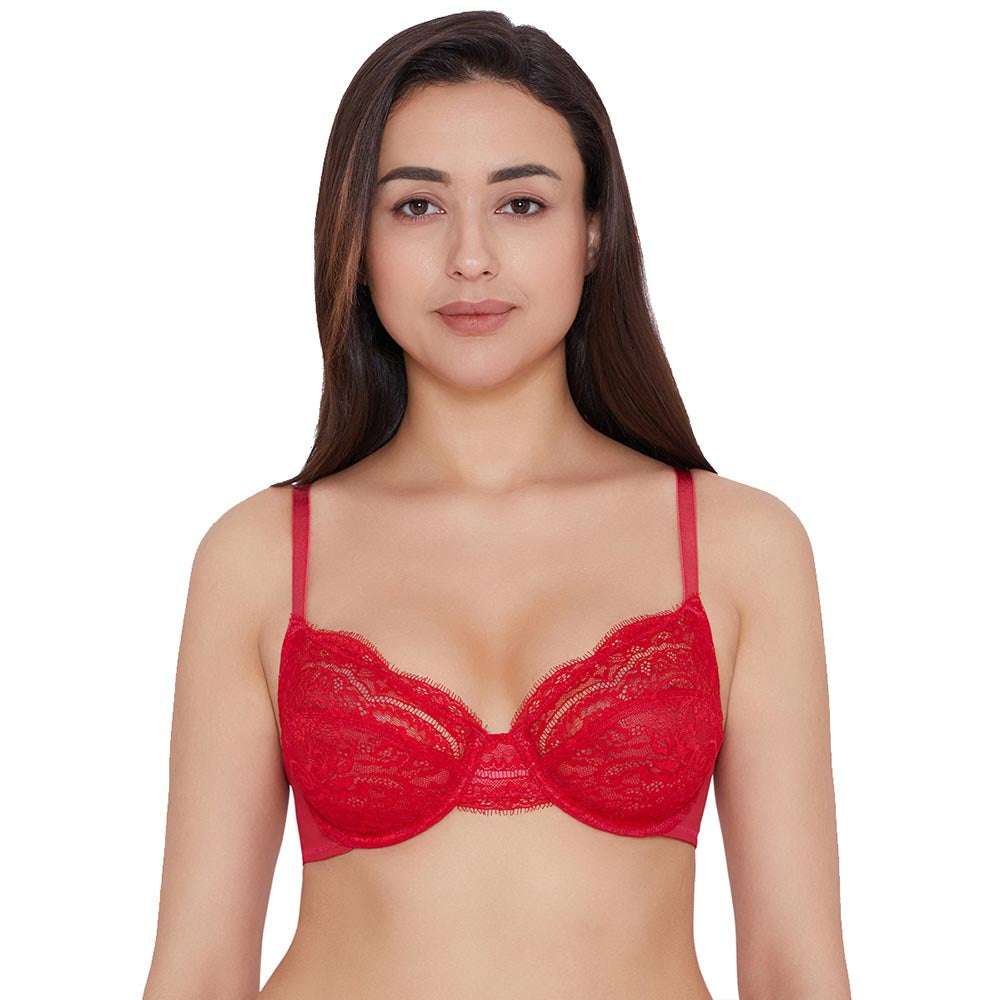 Essential Lace Non Padded Wired Full Cup Bridal Wear Lace Bra Full Support  Bra - Red