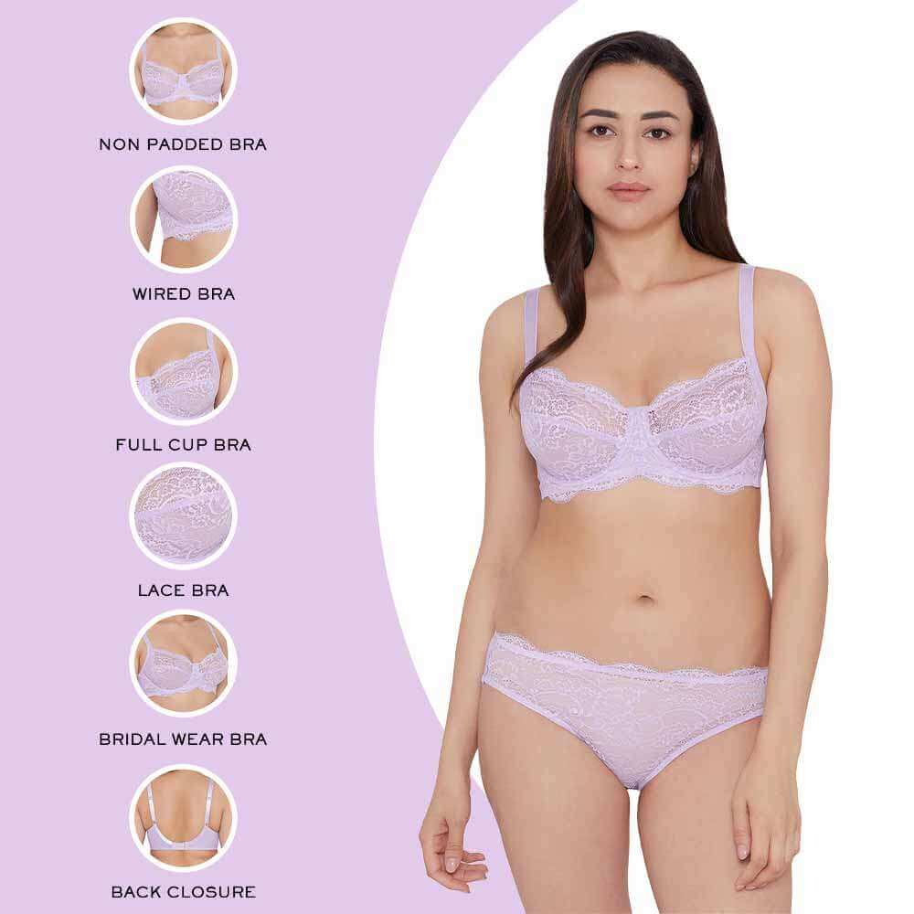 Essential Lace Non Padded Wired Full Cup Bridal Wear Lace Bra Full Support Bra - Lavender