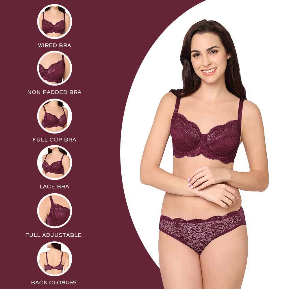 Essential Lace Non Padded Wired Full Cup Bridal Wear Lace Bra Full Support Bra - Wine