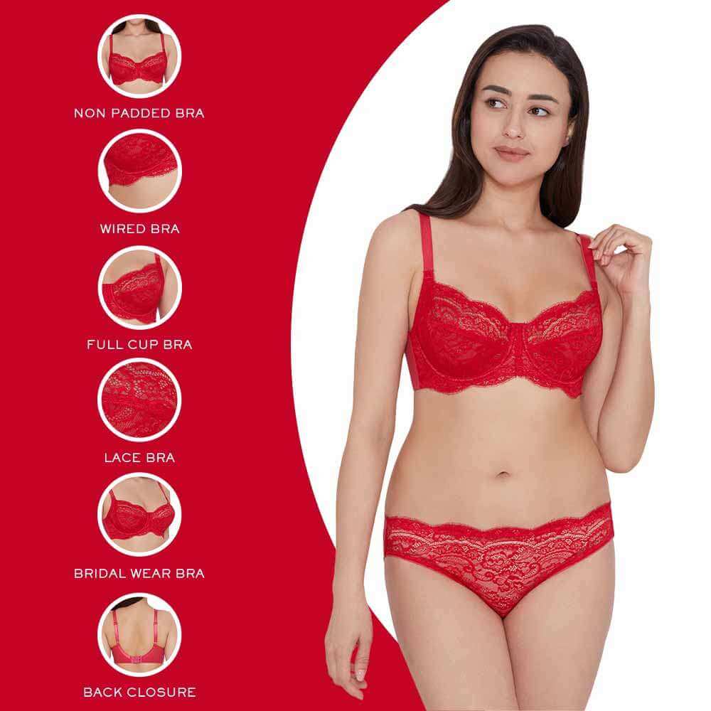 Essential Lace Non Padded Wired Full Cup Bridal Wear Lace Bra Full Support Bra - Red