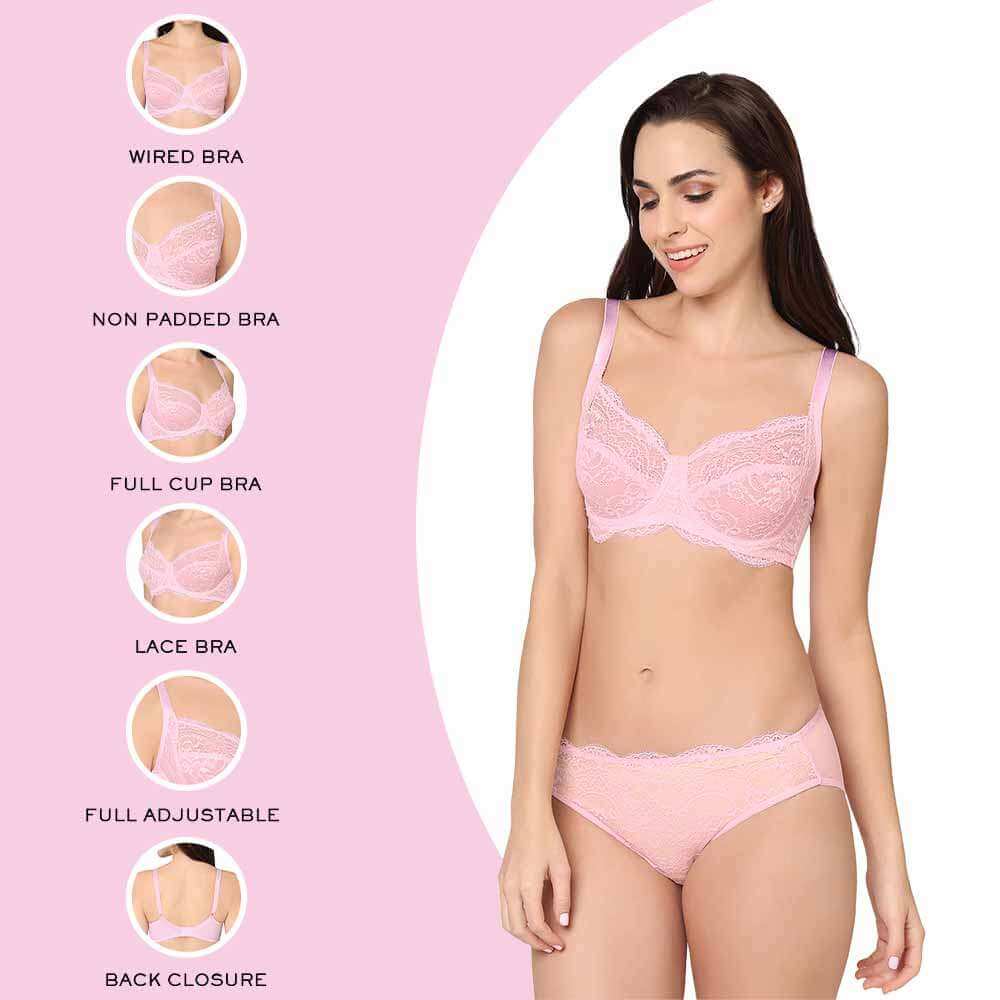Essential Lace Non Padded Wired Full Cup Bridal Wear Lace Bra Full Support Bra - Light Pink