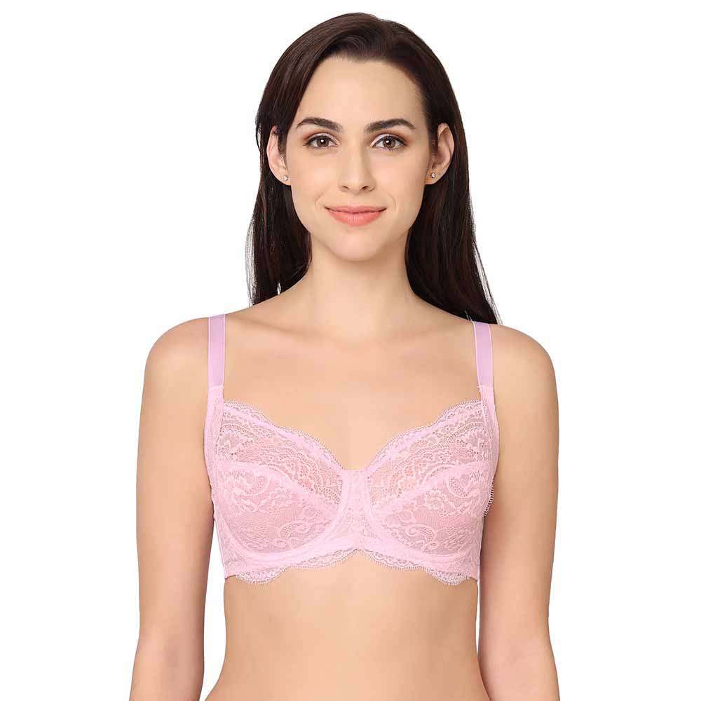 Essential Lace Non Padded Wired Full Cup Bridal Wear Lace Bra Full Support  Bra - Pink
