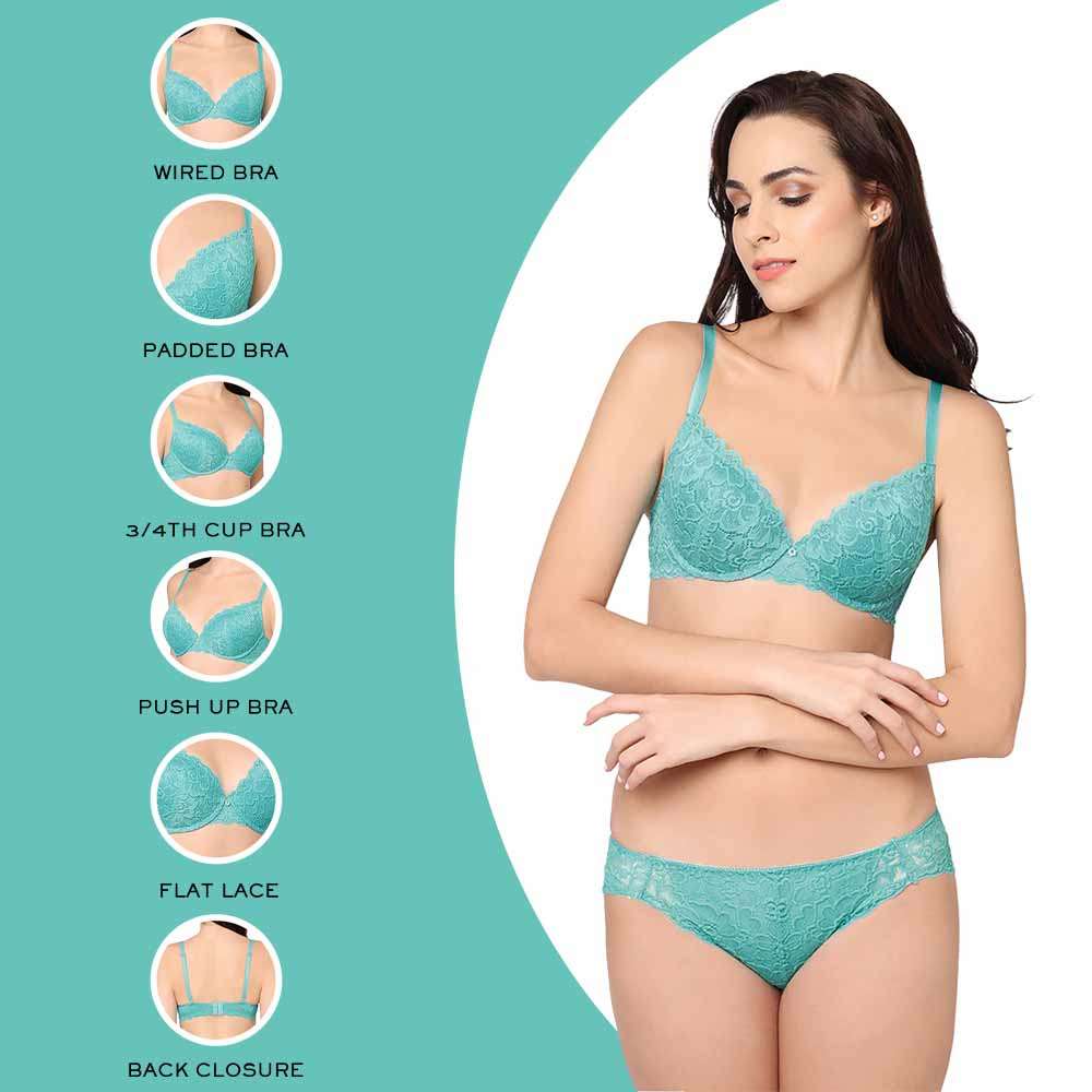Plush Desire Padded Wired 3/4th Cup Bridal Wear Medium coverage Lace Push Up Bra - Blue