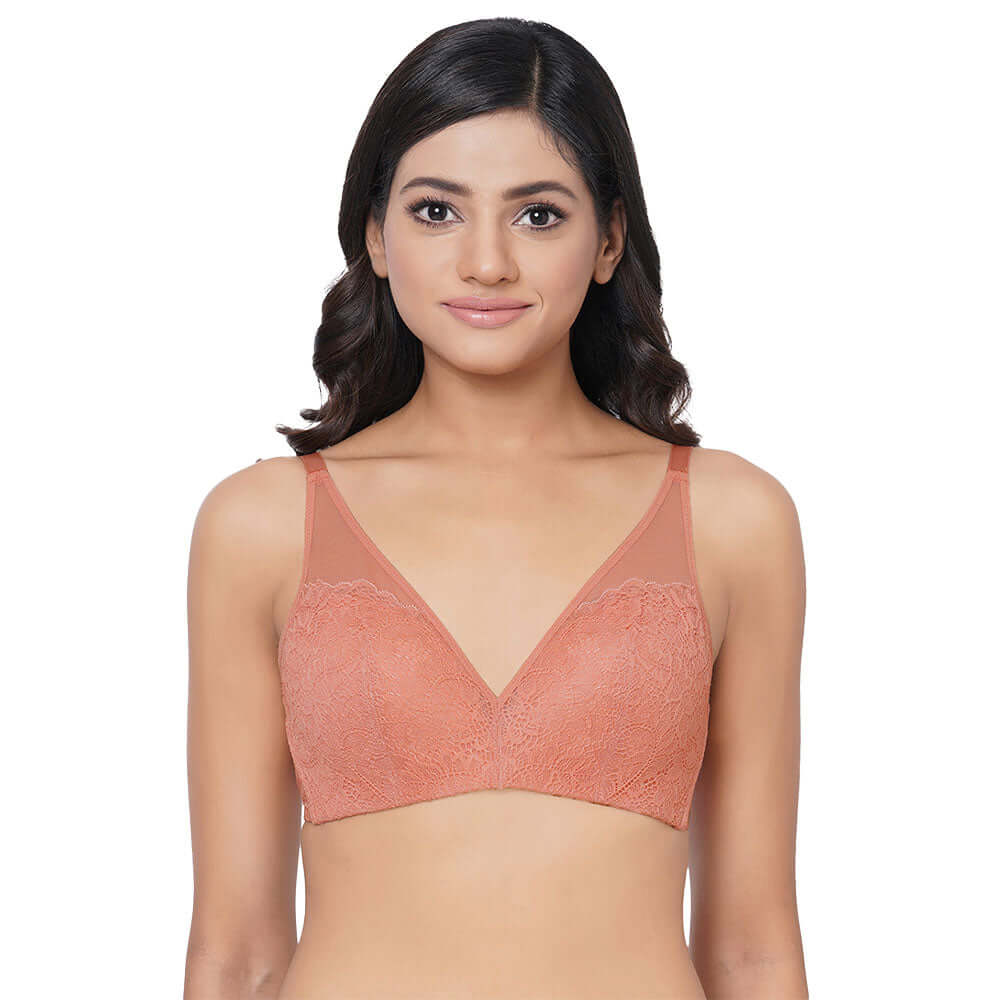 Emma Lace Padded Non-wired 3/4th Cup Bridal Wear Medium coverage Lace Bra - Rust