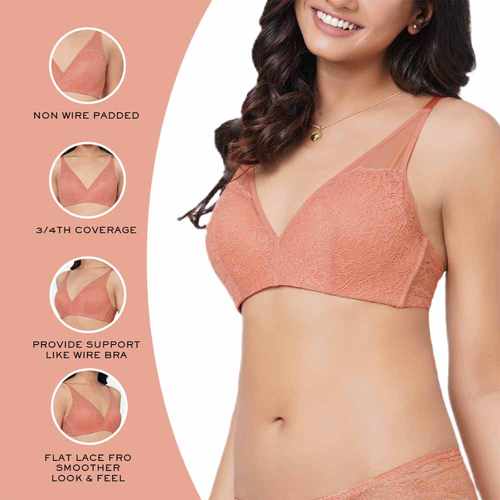 Emma Lace Padded Non-wired 3/4th Cup Bridal Wear Medium coverage Lace Bra - Rust