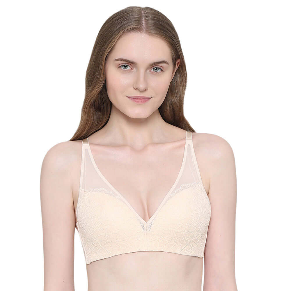 Emma Lace Padded Non-wired 3/4th Cup Bridal Wear Medium coverage Lace Bra - Beige