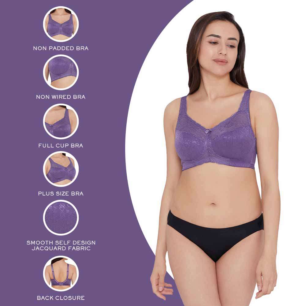 Classic Non Padded Non Wired Full Coverage Plus Size Everyday Comfort Bra - Purple