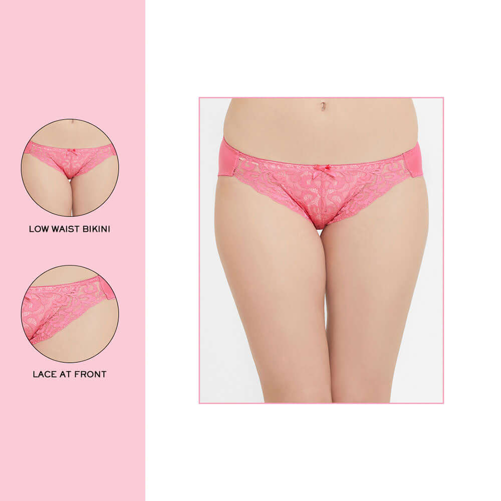 Mystique Low Waist Medium Coverage Bridal Wear Lace Bikini Panty - Pink