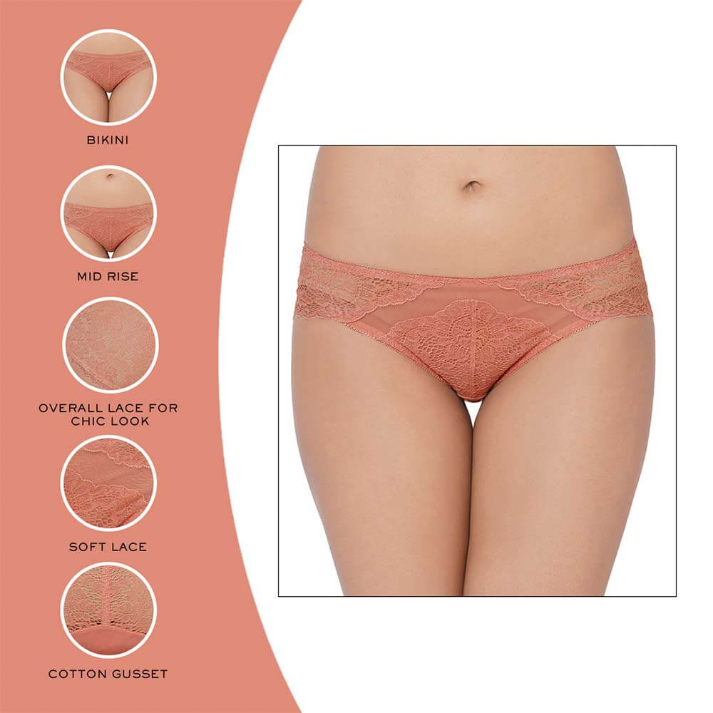 Emma Lace Low Waist Medium Coverage Bridal Wear Lace Bikini Panty - Rust