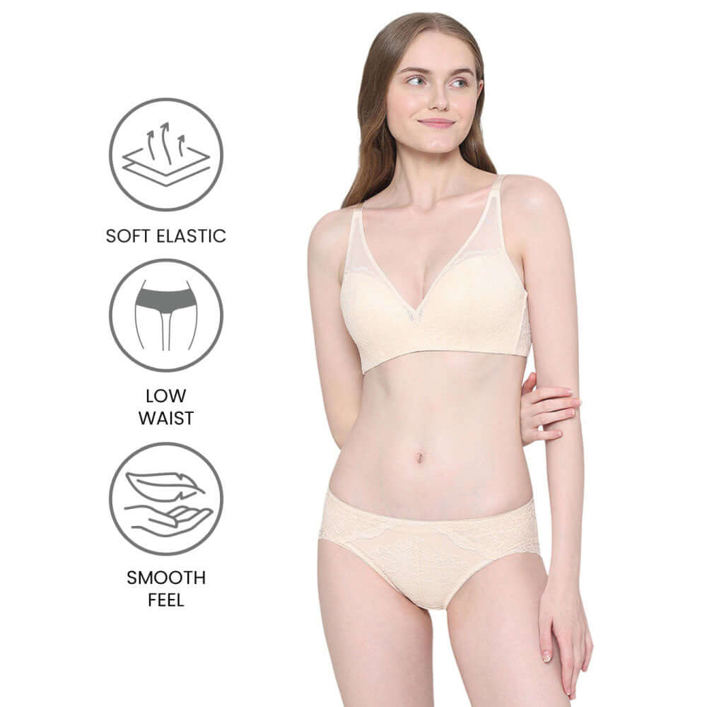 Emma Lace Low Waist Medium Coverage Bridal Wear Lace Bikini Panty - Beige